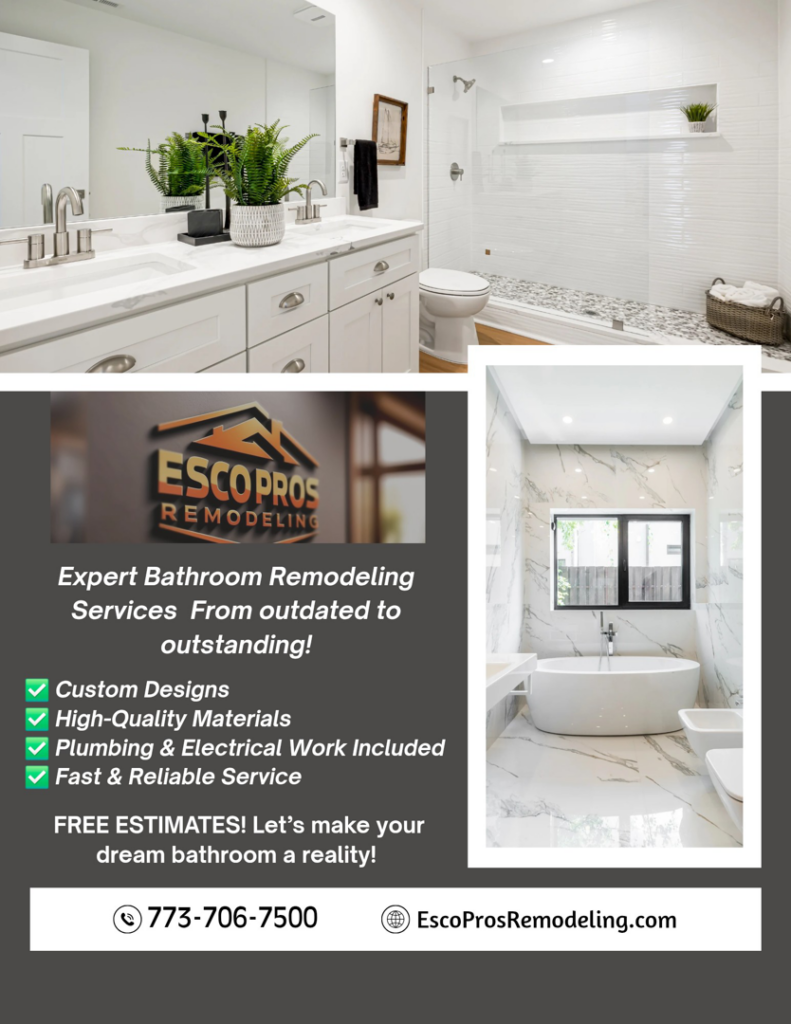 A beautifully completed modern bathroom remodel by Esco Pros Remodeling in Chicago, IL, featuring a walk-in shower and floating vanity.