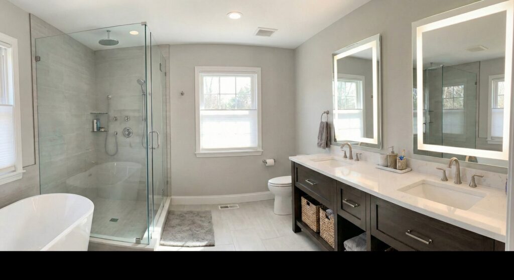 A modern bathroom remodel featuring a glass shower and double vanity by CM Home Contracting LLC in Charleston, SC.