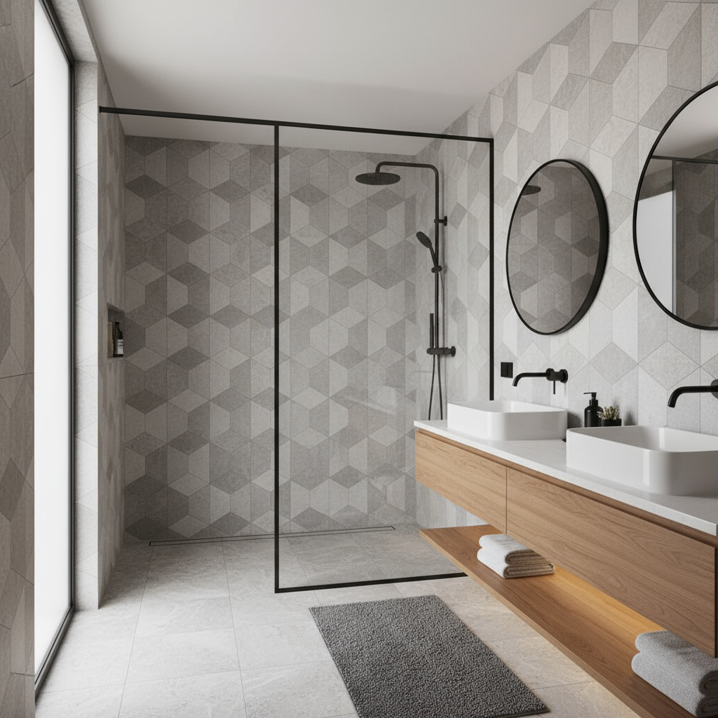 A modern bathroom remodel featuring geometric tile, a walk-in shower, and a double vanity by Home Style Improvement in Frederick, MD.