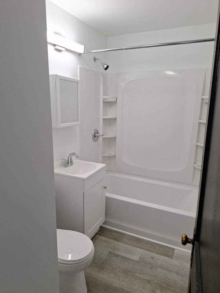 A modern bathroom renovation featuring a new vanity, toilet, and shower by Achieve Renovations in Pittsburgh, PA.