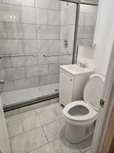 A modern bathroom renovation featuring a tiled walk-in shower and new vanity completed by Specialized Building Services Inc. in Chicago, IL.