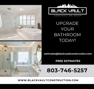 Two views of a modern bathroom upgrade featuring a glass shower and freestanding tub by Black Vault Construction Group LLC in Rock Hill, SC