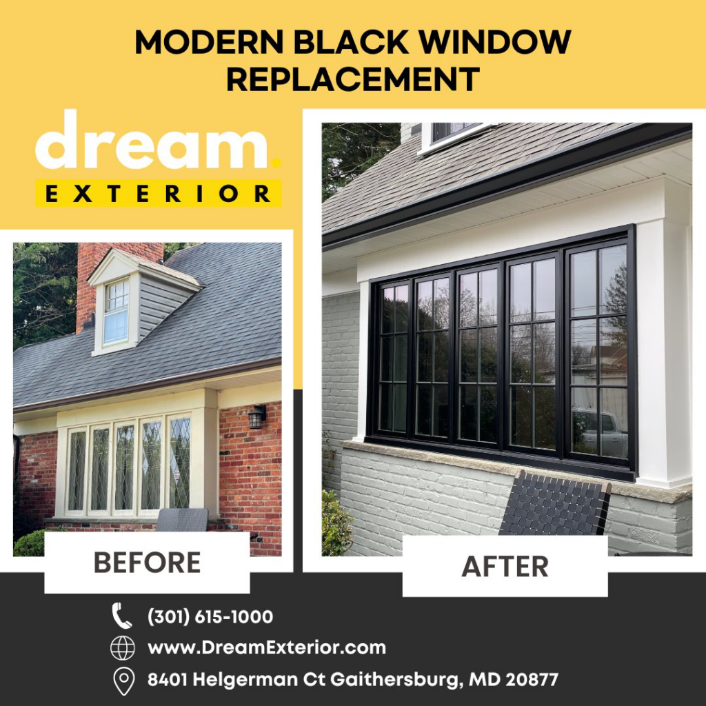 Before and after of a modern black window replacement by Dream Exterior in Gaithersburg, MD.