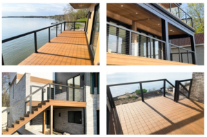 A modern deck with sleek cable railings overlooking a lake, built by PNW Home Improvements, LLC in Portland, OR