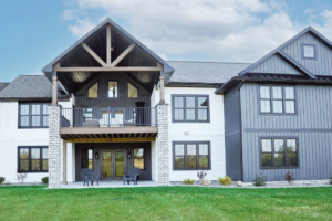 The exterior of a newly constructed modern farmhouse-style home by Smucker & Sons Inc in Ephrata, PA.