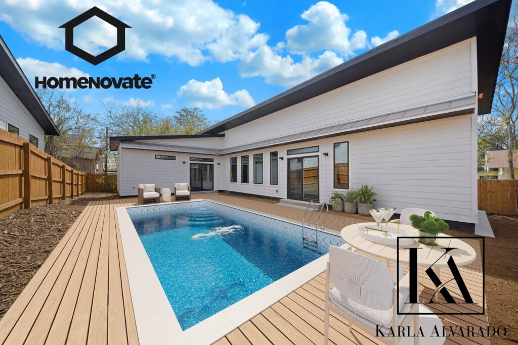 A modern home exterior with a new swimming pool and wooden deck, built by HomeNovate in San Antonio, TX.