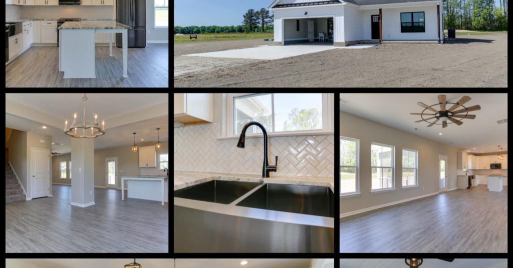 A collage showcasing modern home interior and exterior remodeling, including a kitchen and living area, by Seaboard Enterprises in Suffolk, VA.