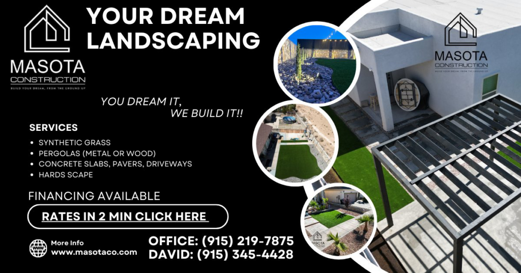 An aerial view of a modern house with a newly installed pergola and artificial turf landscaping by Masota Construction in El Paso, TX.