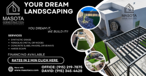 An aerial view of a modern house with a newly installed pergola and artificial turf landscaping by Masota Construction in El Paso, TX.