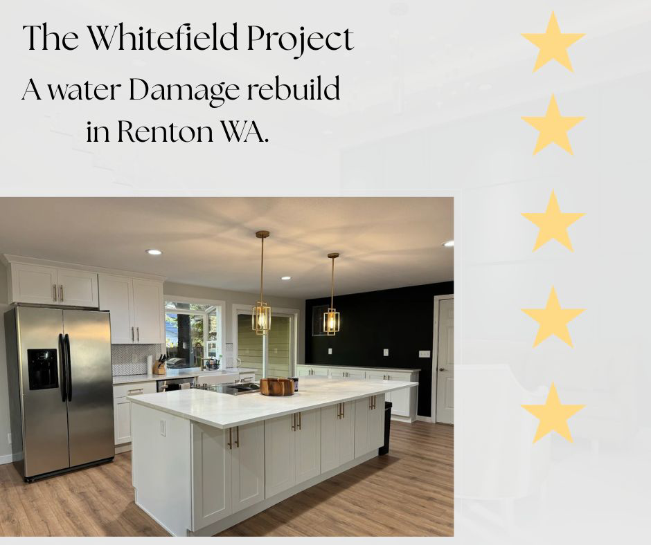 A beautifully renovated modern kitchen, part of a water damage rebuild project by King County Restoration in Renton, WA.