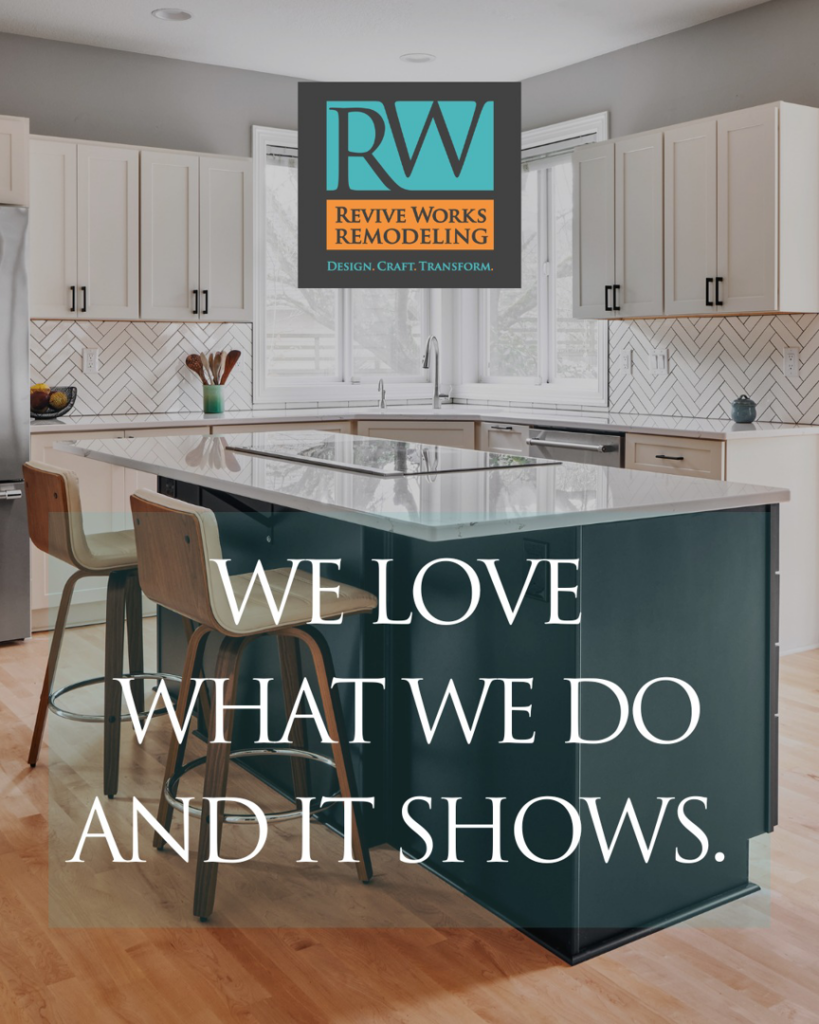 Modern kitchen remodel with a dark island, white cabinets, and herringbone backsplash by Revive Works Remodeling in Portland, OR.