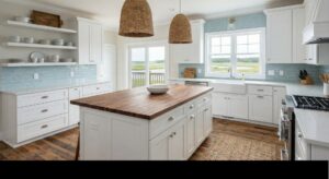 A modern kitchen remodel with white cabinets, blue backsplash, and a large wood island by CM Home Contracting LLC in Charleston, SC.