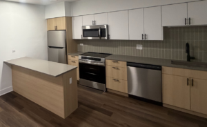 A newly renovated modern kitchen with stainless steel appliances and an island by 3F Construction in Chicago, IL.