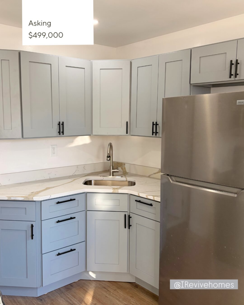 A modern kitchen renovation featuring new grey cabinets, white countertops, and stainless steel appliances by I Revive Homes in Edison, NJ.