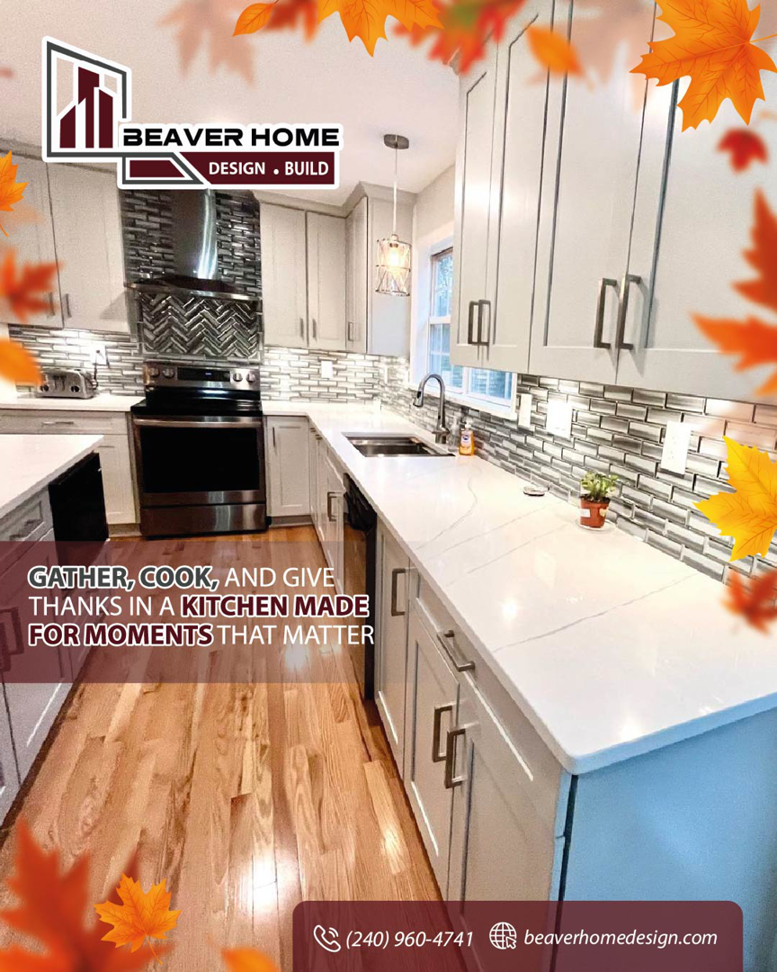 A modern kitchen renovation featuring white cabinets, quartz countertops, and a tiled backsplash by Beaver Home Design + Build in Maryland, VA, DC.
