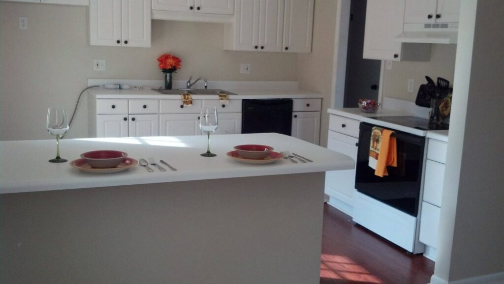 A completed modern kitchen renovation with white cabinets and black appliances by Unique Construction Services in Knoxville, TN