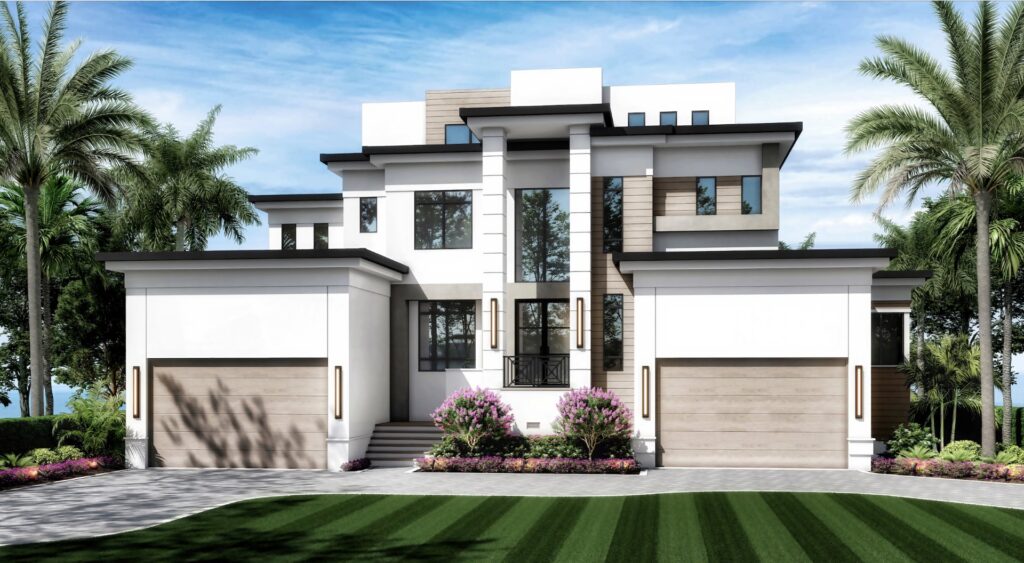 A detailed rendering of a modern multi-story home, showcasing design capabilities by TamLin Homes Inc in Tampa, FL