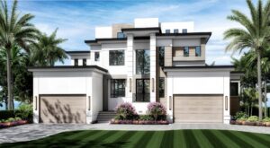A detailed rendering of a modern multi-story home, showcasing design capabilities by TamLin Homes Inc in Tampa, FL