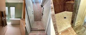 A collage showcasing three modern tiled bathrooms and showers by Tess Tile By Design in Kansas City, MO.