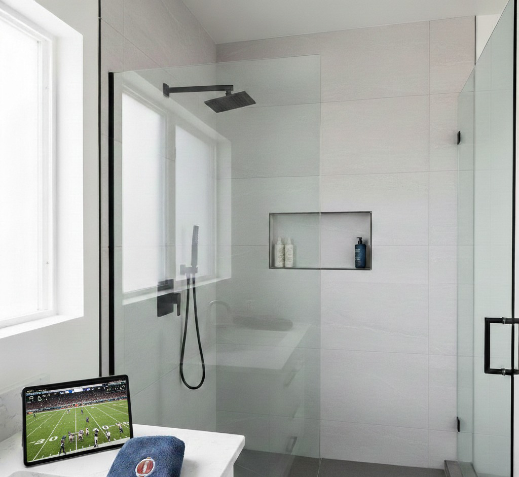 A sleek, modern walk-in shower with black fixtures and white tiled walls by The Shower Company in Kansas City, MO.