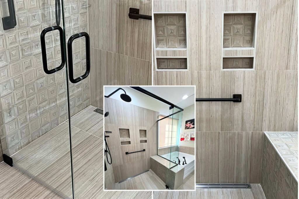 A modern walk-in shower remodel featuring textured tile, black fixtures, and built-in niches by The Bath Shop in Raleigh, NC.
