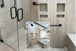 A modern walk-in shower remodel featuring textured tile, black fixtures, and built-in niches by The Bath Shop in Raleigh, NC.