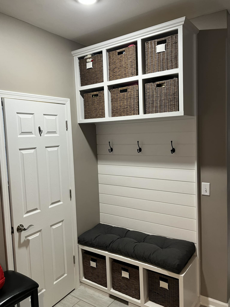 Custom mudroom built-in shelving unit with bench and hooks by Jeff of all Trades LLC in Carmel, IN