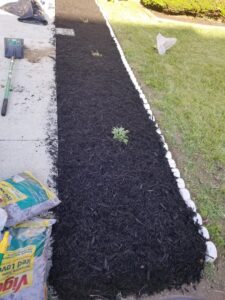 A newly mulched garden bed with decorative stone edging, a landscaping service by C&C LAWN CARE,MOVING & TRASH REMOVAL in Baltimore, MD