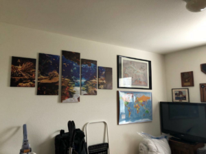 Professional installation of multi-panel art and a framed map on a wall by Rick's Handyman in Cheyenne, WY.
