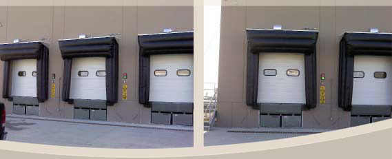 Multiple dock seals and overhead doors installed on a commercial building by AirLocke Dock Seals in Youngstown, OH.