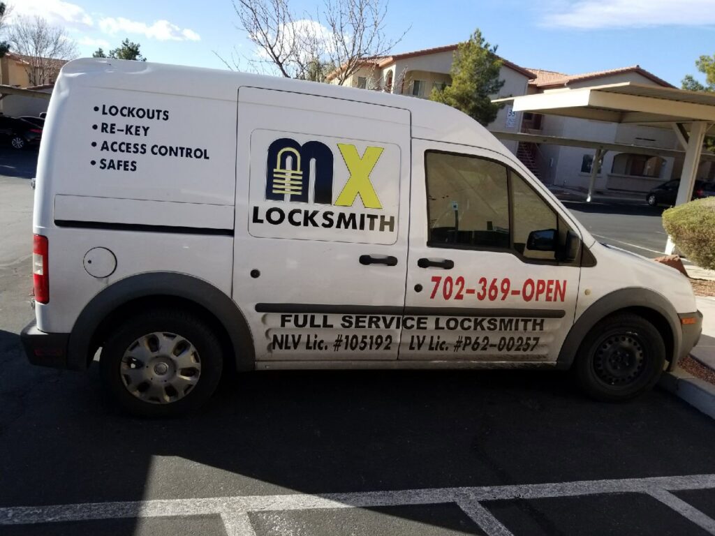 The MX Locksmith service van, branded with services like lockouts and re-keying, ready to assist customers in North Las Vegas, NV.