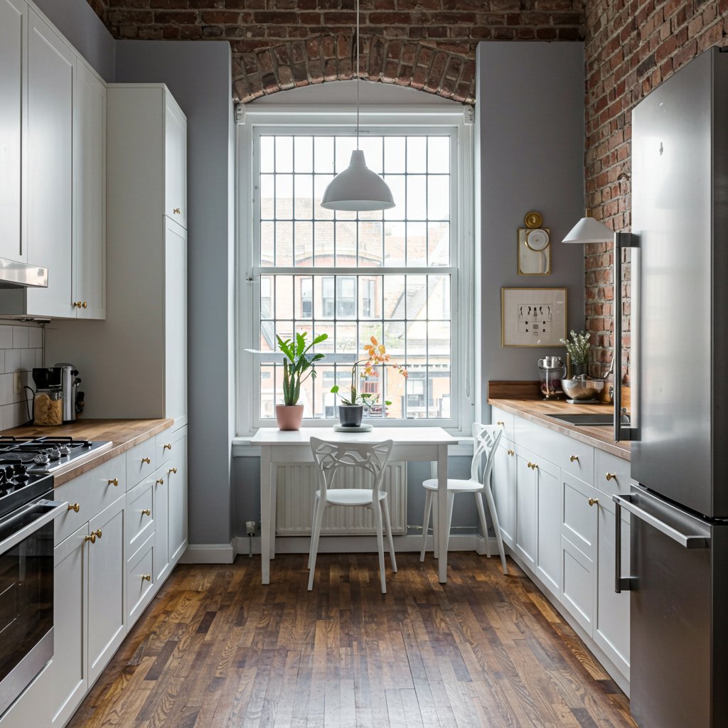 Narrow kitchen remodel with exposed brick wall, white cabinets, and wooden countertops by Corkery Customs & Remodeling LLC in Philadelphia, PA