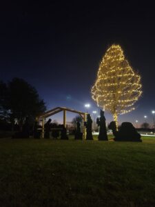 A holiday nativity scene and a tree wrapped with lights, installed by Chicago Christmas Lights LLC in Chicago, IL.