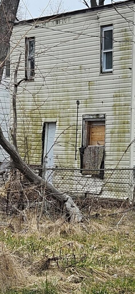 A neglected house exterior with dirty siding and overgrown vegetation, before cleaning by Applied Pressure LLC in Detroit, MI.