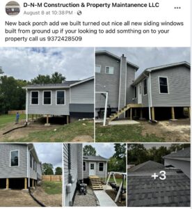A collage showing a newly built back porch addition with siding and windows by D-N-M Construction & Property Maintanence LLC in Dayton, OH.