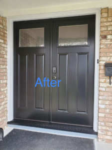 A newly installed black double entry door by Comfort Guard Windows & Doors in Burton, MI