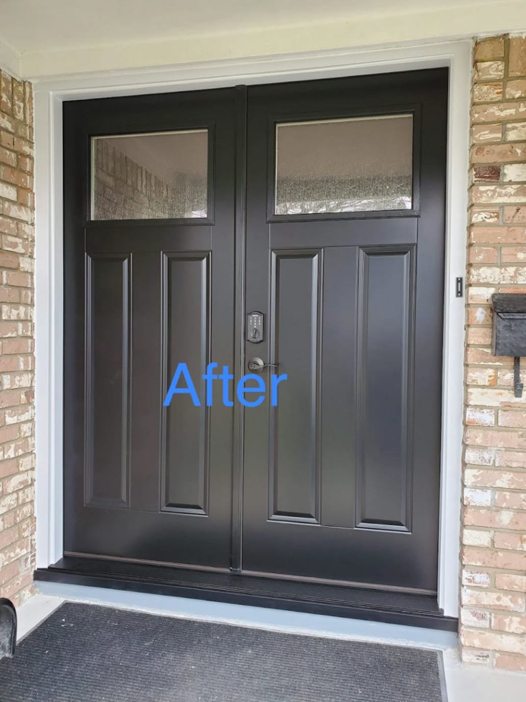 A newly installed black double entry door by Comfort Guard Windows & Doors in Burton, MI