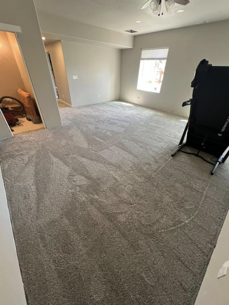 A spacious living room with new carpet installed by Elite Flooring Professionals in Pueblo, CO.