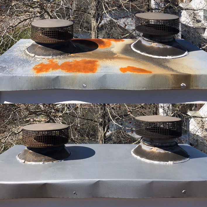 A newly installed chimney cap on a brick chimney by Blue Mountain Home & Chimney in Virginia Beach, VA.