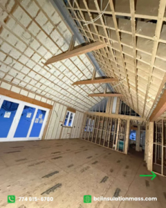 A large room in new construction with spray foam insulation on the ceiling and walls by BCI Insulation in Byron, GA