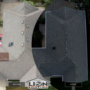Before and after comparison of a new dark gray roof installation by Lion Roofing Corporation in Des Plaines, IL
