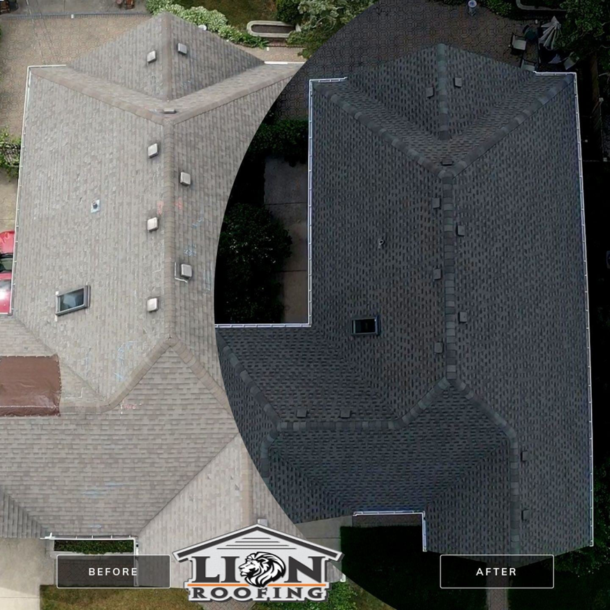 Before and after comparison of a new dark gray roof installation by Lion Roofing Corporation in Des Plaines, IL