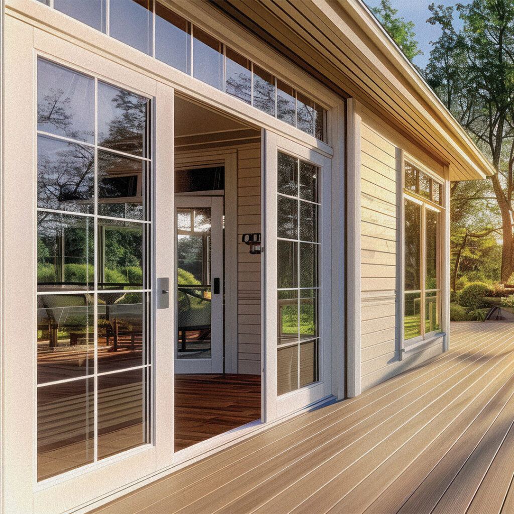 A newly installed wooden deck and large sliding glass doors on a house, completed by Four Seasons Home Improvement Company, Inc. in Rockville, MD.