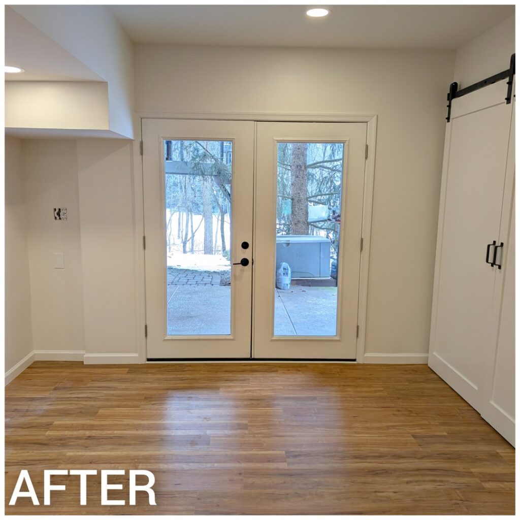 New French doors and finished basement flooring installed by Adam's Handyman and Contracting in Lancaster, PA.