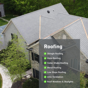 An aerial view of a house with a newly installed gray shingle roof by Smucker & Sons Inc in Ephrata, PA.