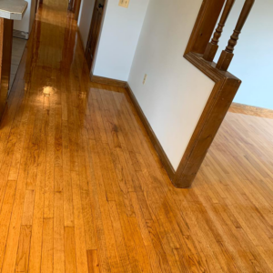 A newly finished hardwood floor and freshly painted walls in a hallway by D'Costa Finish Painting in Fall River, MA.