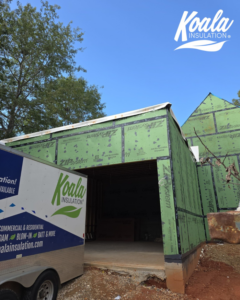A new home construction site with a Koala Insulation trailer in Baton Rouge, LA.