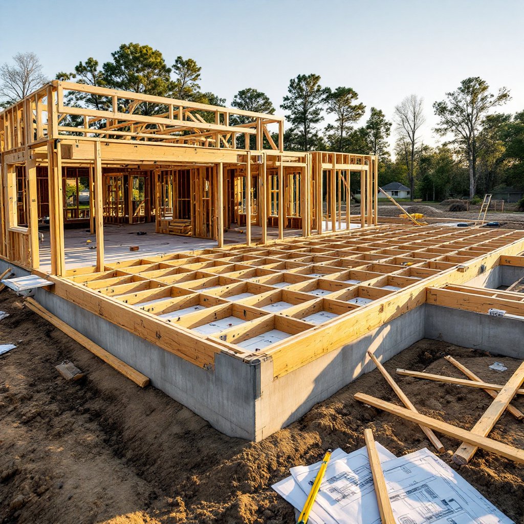 A new home under construction with visible wooden framing, showcasing building services by Inova Builds in Bloomington, MN.