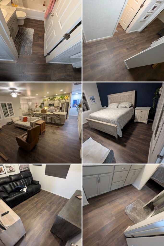 A collage showing newly installed laminate flooring in various rooms by Precision Home Solutions in Santa Fe, TN