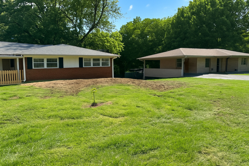 A freshly installed lawn between two residential homes, a landscaping service by Bassel Construction Services & Rentals in Bowling Green, KY.
